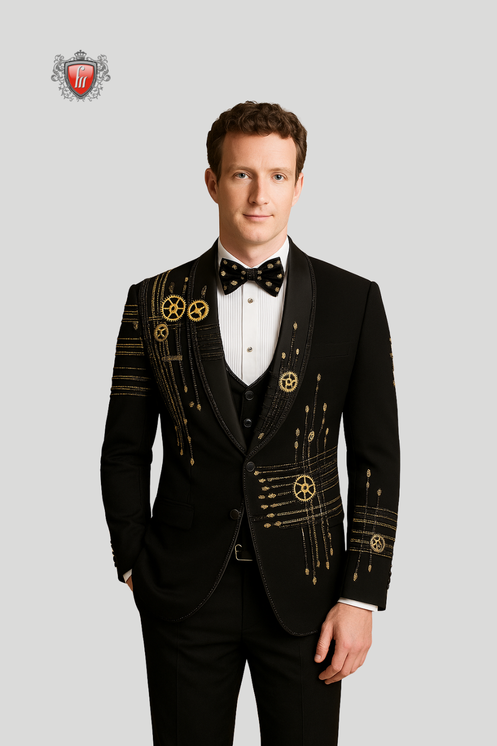 Men’s Luxury Black Suit with Golden Gear Embroidery