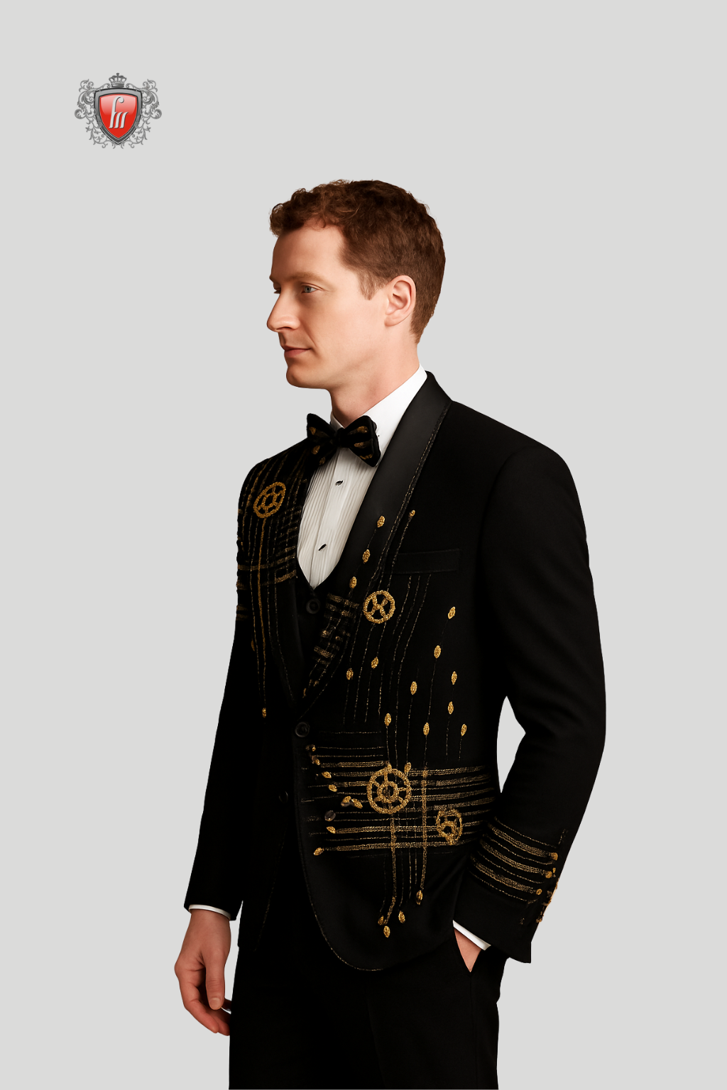 Men’s Luxury Black Suit with Golden Gear Embroidery