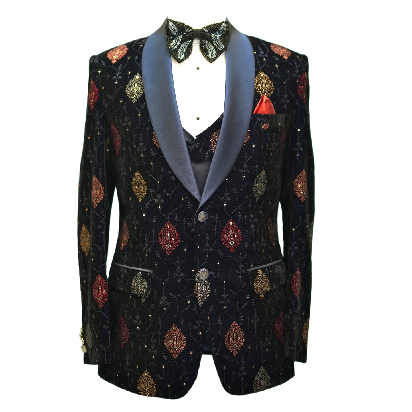 Men’s Navy Velvet Embroidered Tuxedo – 3-Piece Designer Shawl Lapel Set