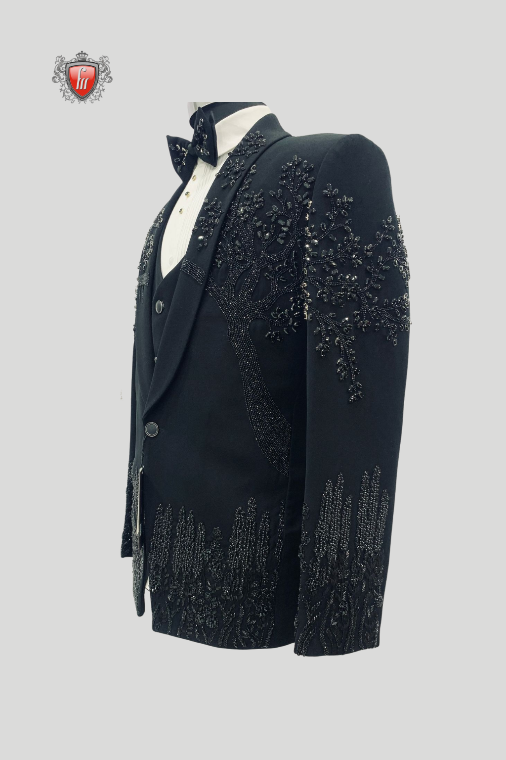 Men’s Luxury Midnight Black Tuxedo with Embellished Detailing