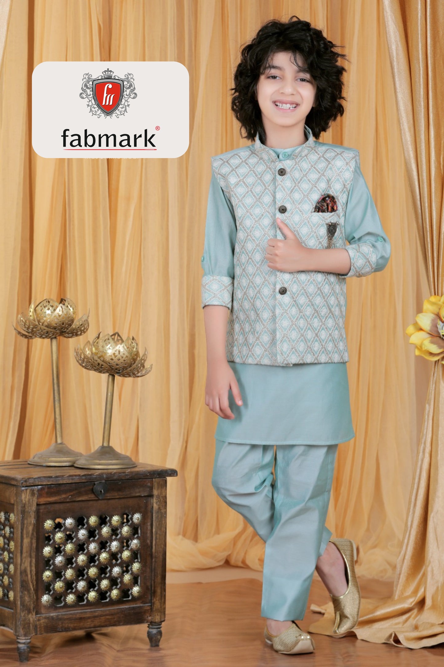 Elegant Young Gentlemen's Kurta Pajama Set – Sky Blue with Diamond Pattern Jacket