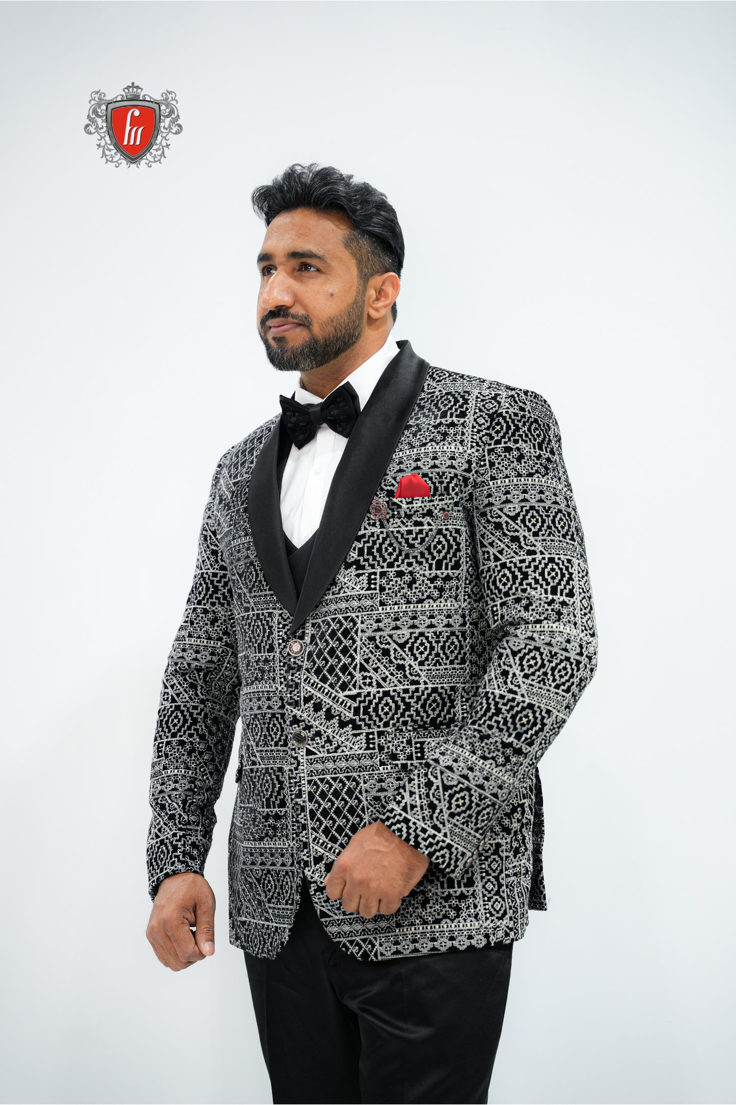 Men’s Black Patterned Velvet 3-Piece Tuxedo – Statement Suit with Satin Lapel