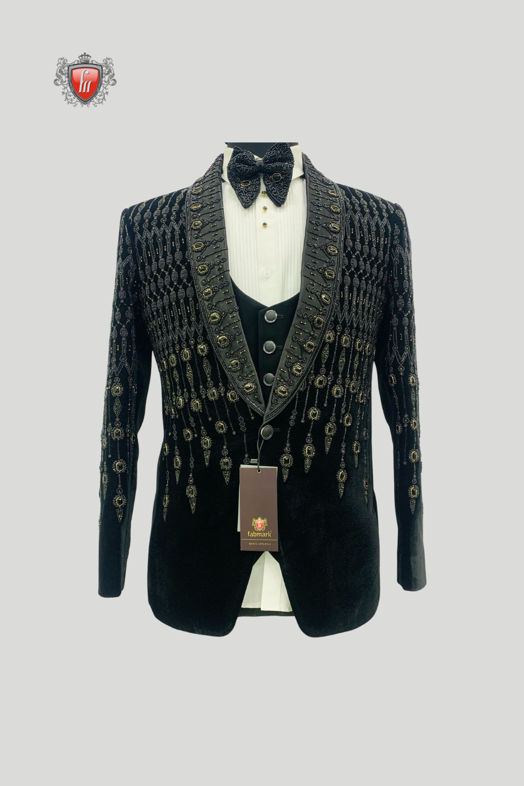 Men's Luxury Black & Gold Velvet 3-Piece Suit - Precision Tailoring with Regal Embroidery