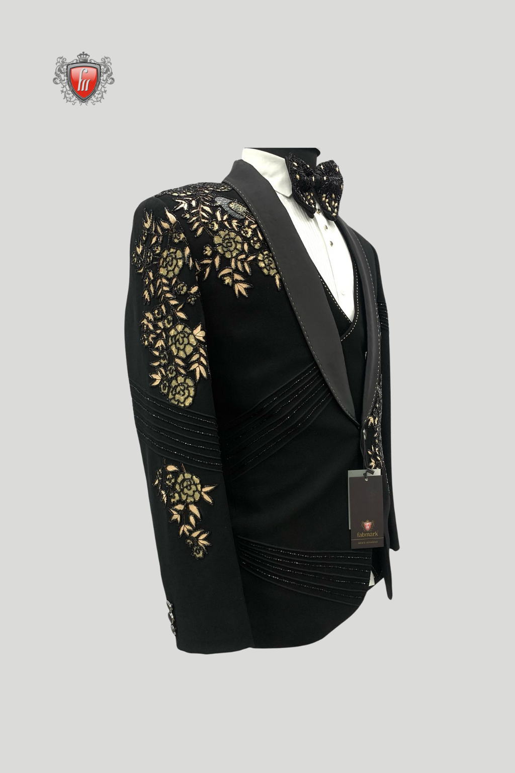 Men’s Luxury Black Suit with Gold Floral Embroidery
