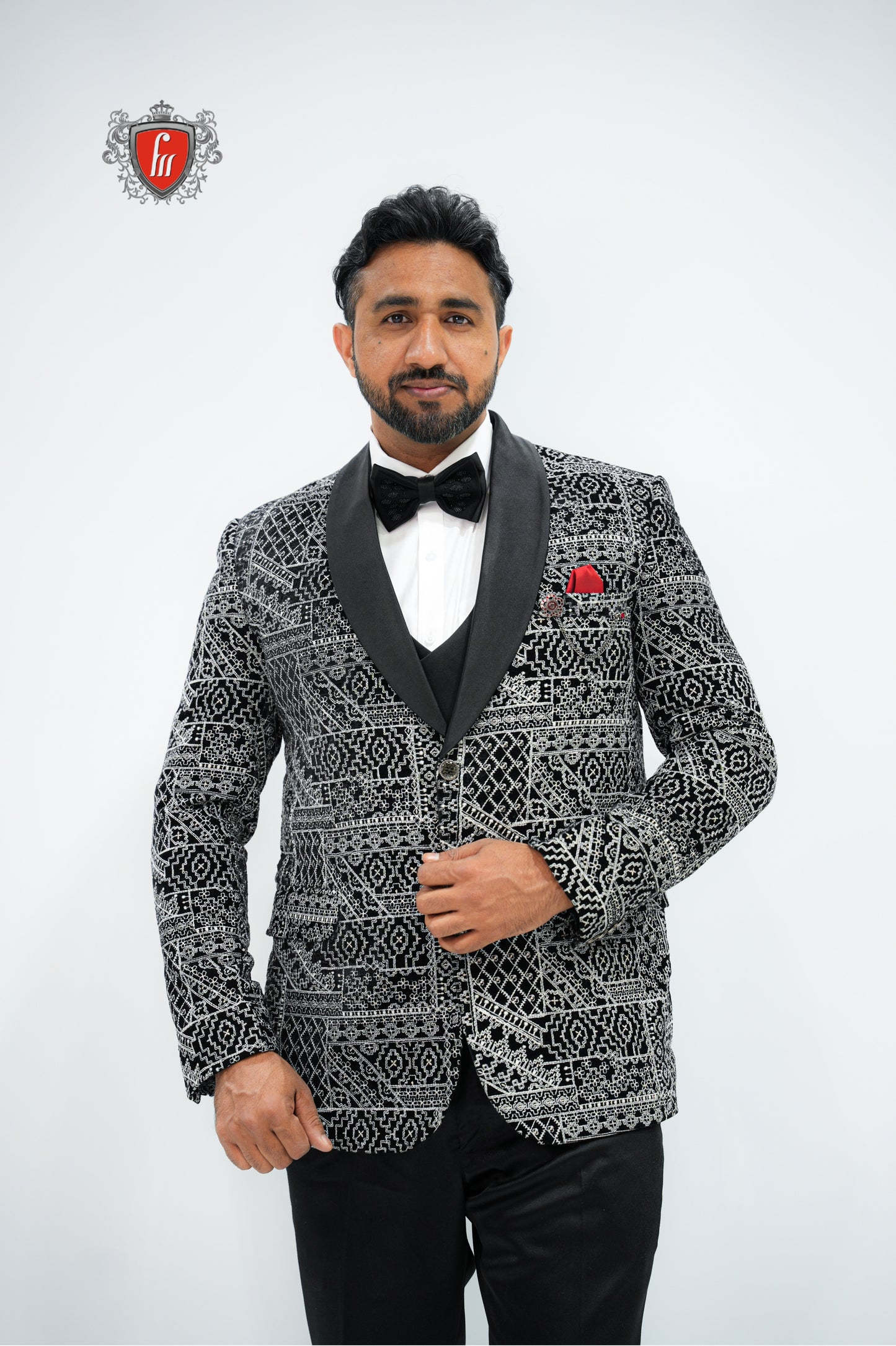 Men’s Black Patterned Velvet 3-Piece Tuxedo – Statement Suit with Satin Lapel