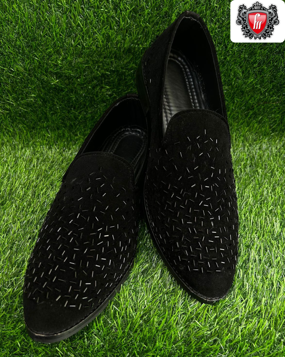 Men’s Black Velvet Heel Shoe with Full Hand Embroidery – Luxury Wear