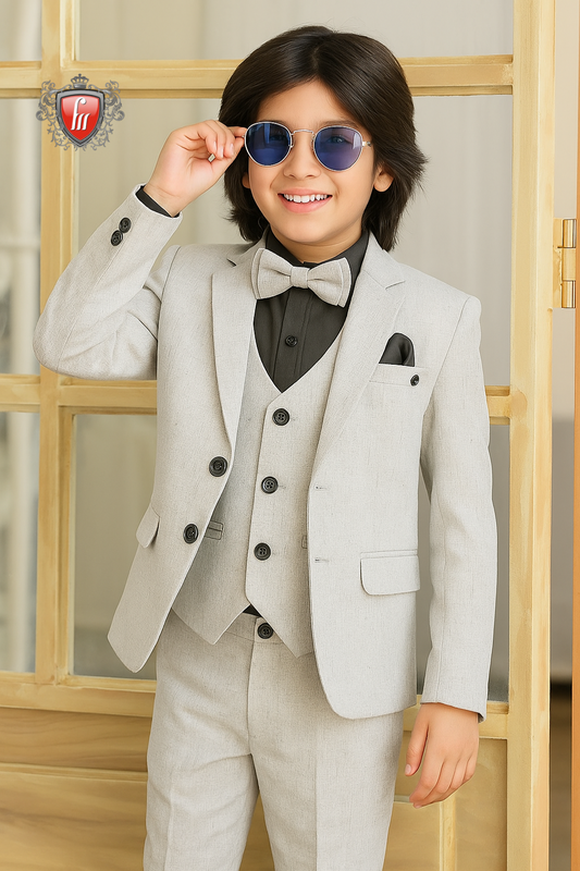 Light Grey Kids 5 - Piece Suit with Vest & Stylish Accessories - A Modern twist of elegance and charm