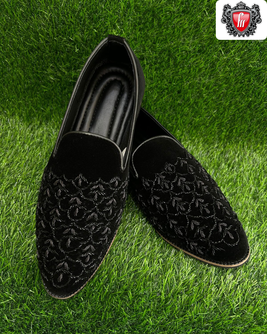 Men’s Black Velvet Heel Shoe with Hand Embroidery – Premium Quality