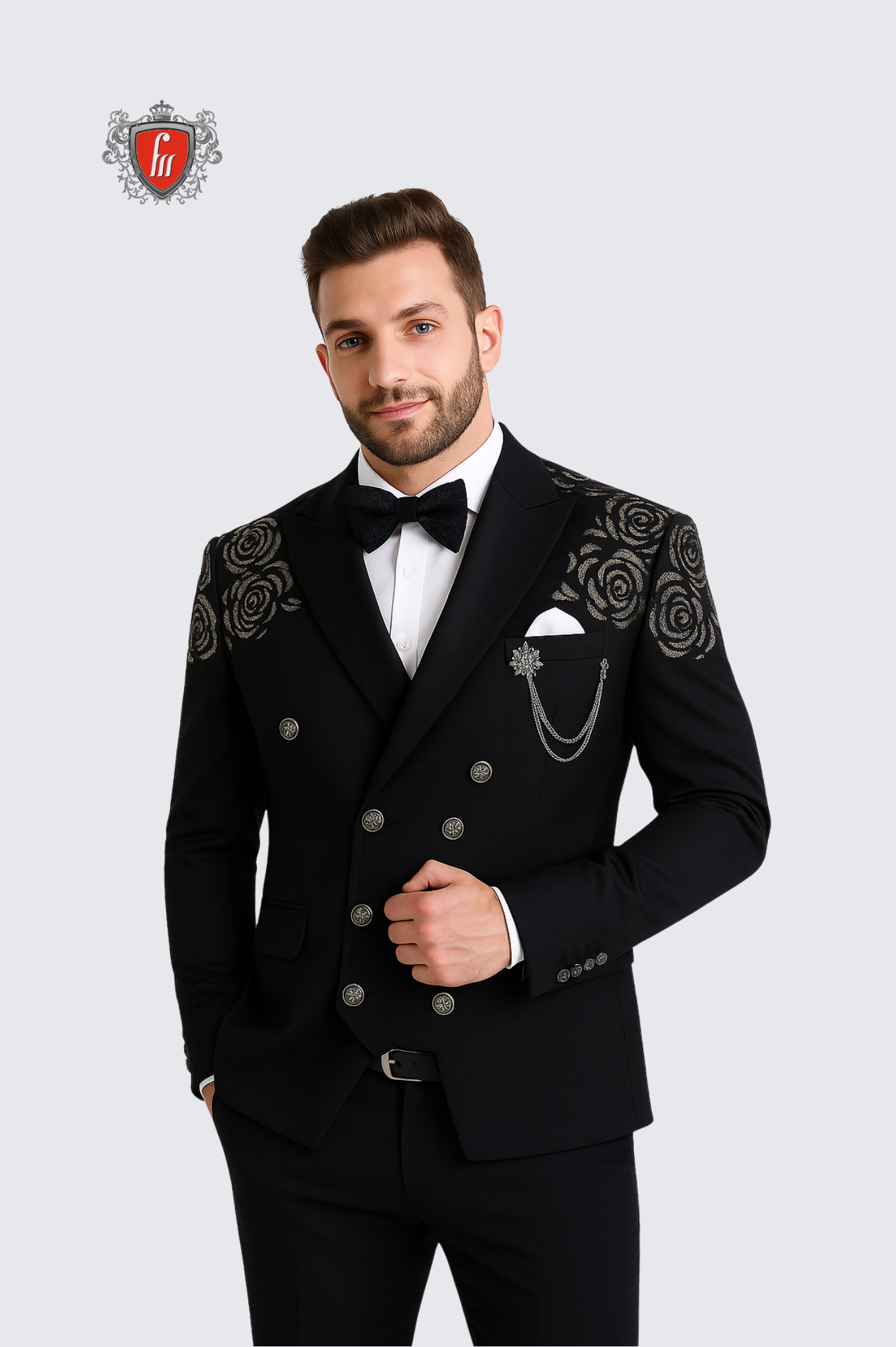 Men’s Black Embroidered Suit – Luxury Formal Wear for Weddings & Parties