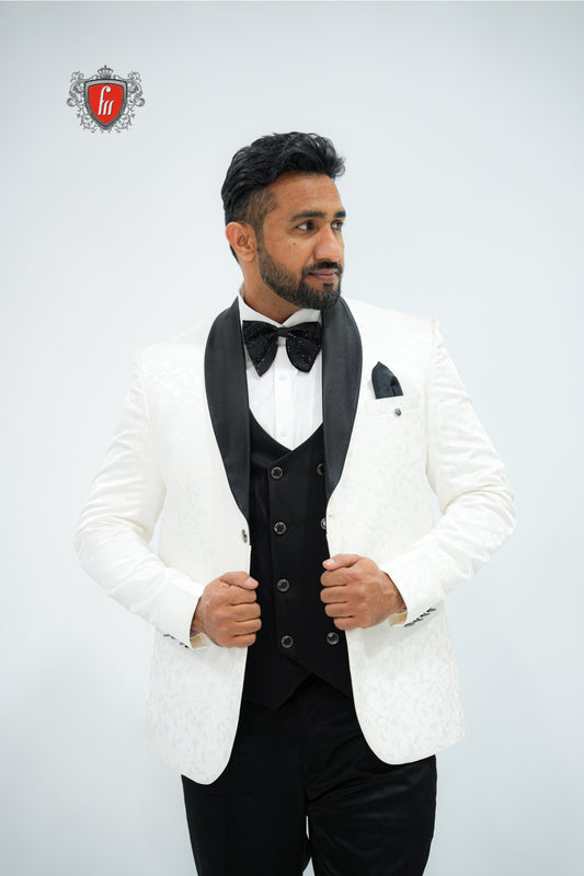 Men’s White Tuxedo 3-Piece Suit with Black Satin Lapel – Elegant Formalwear