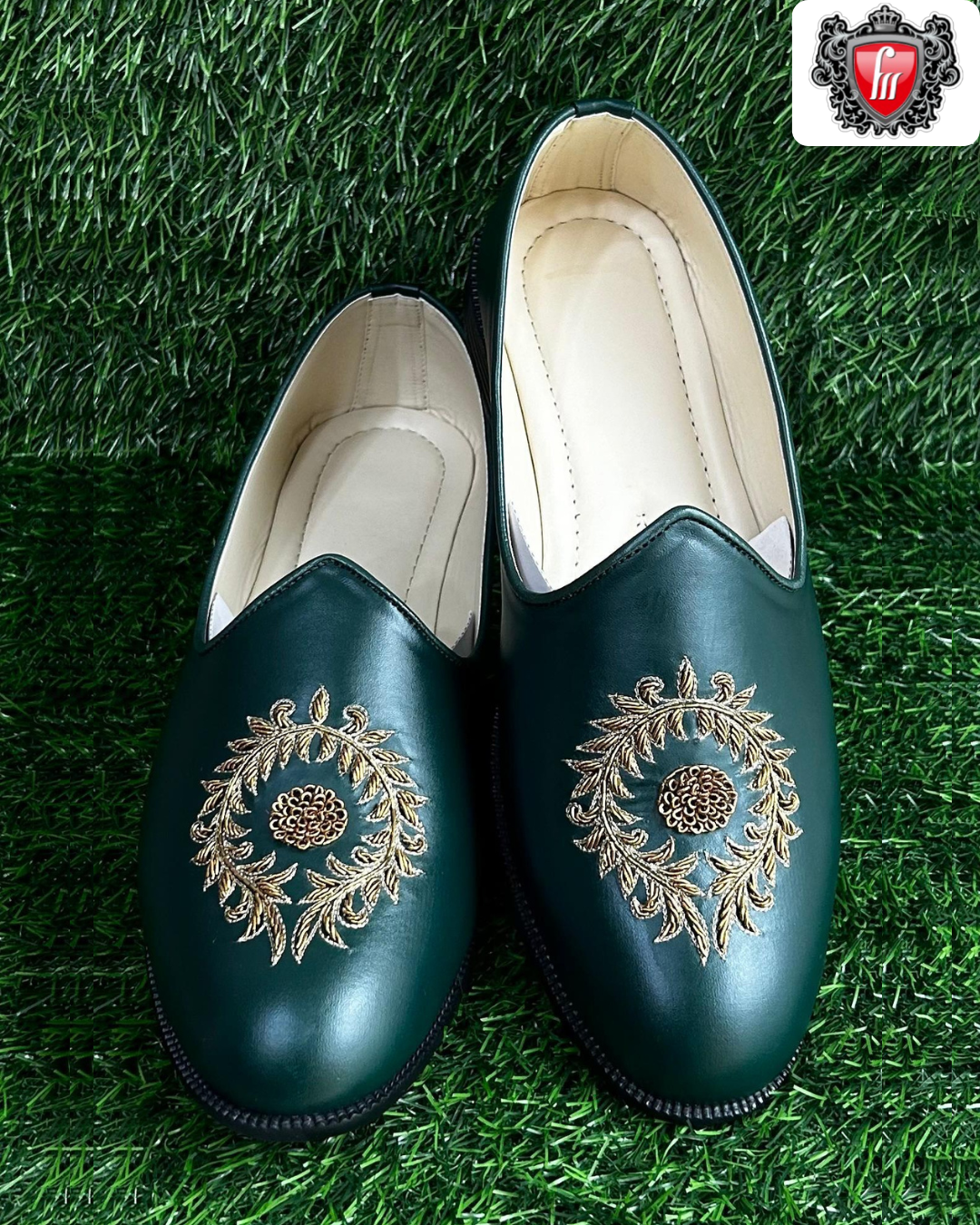 Men’s Bottle-Green Micro-Leather Heel Shoe with Hand Embroidery – Premium