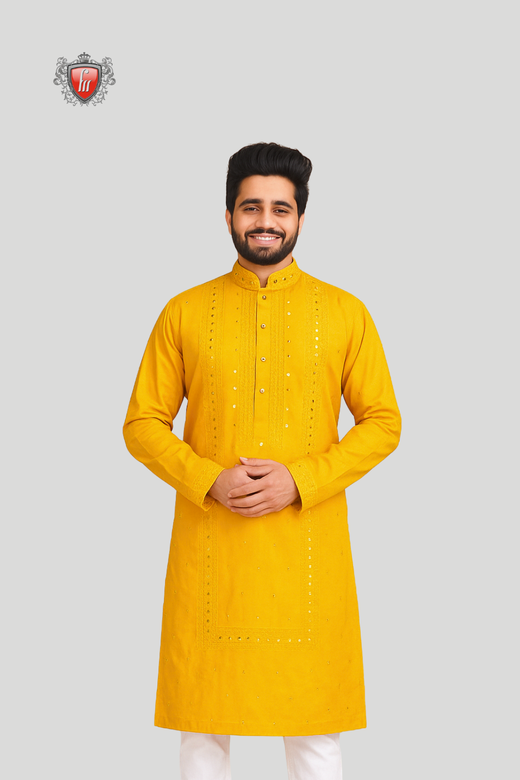 Men’s Yellow Chikankari Kurta – Mirror Work, Festive Heritage Wear