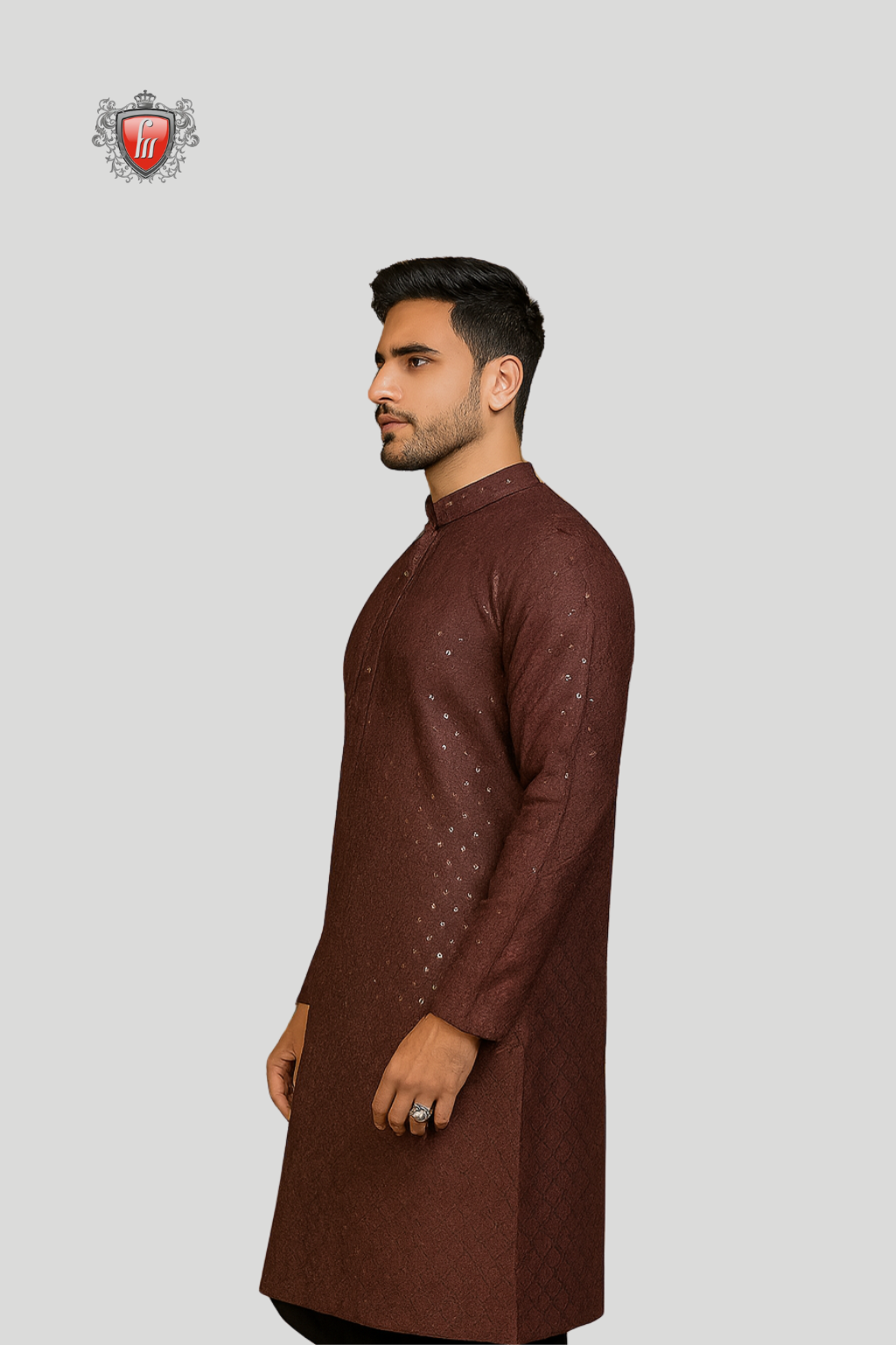 Men’s Maroon-Brown Silk Kurta – Sequin Embellishments, Festive Shine