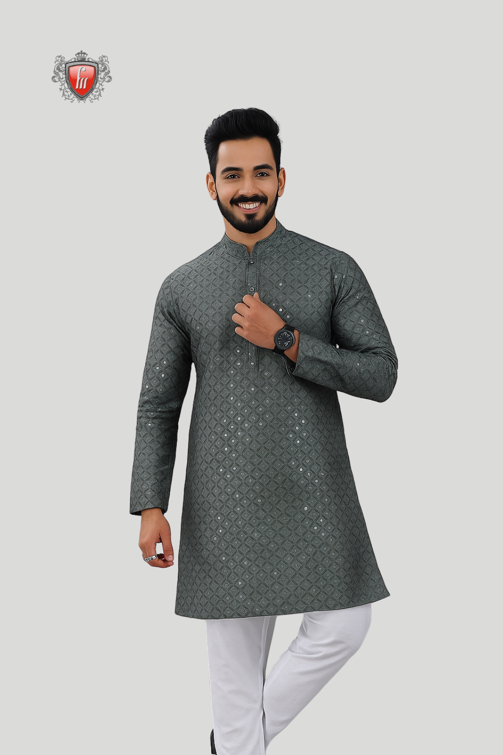 Men’s Charcoal Grey Kurta – Embroidery & Mirrorwork, Mandarin Collar