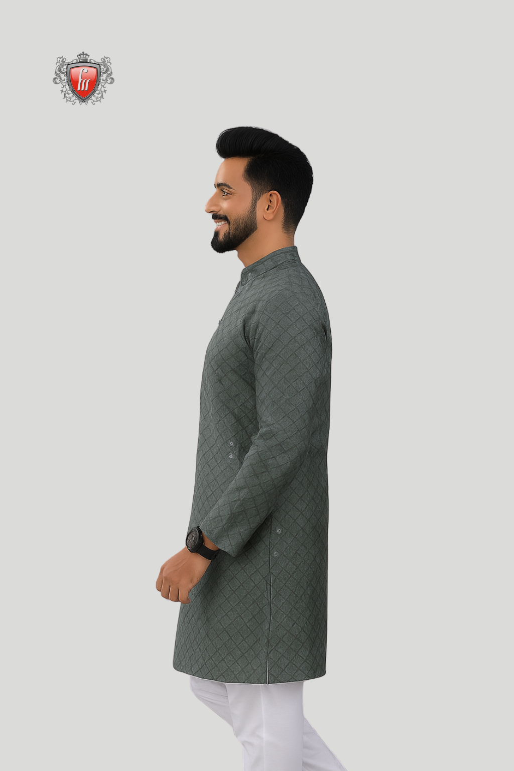 Men’s Charcoal Grey Kurta – Embroidery & Mirrorwork, Mandarin Collar