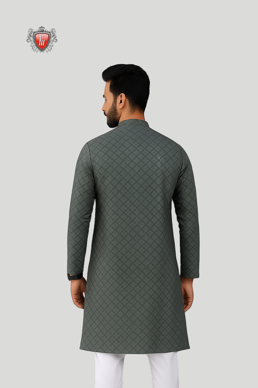 Men’s Charcoal Grey Kurta – Embroidery & Mirrorwork, Mandarin Collar