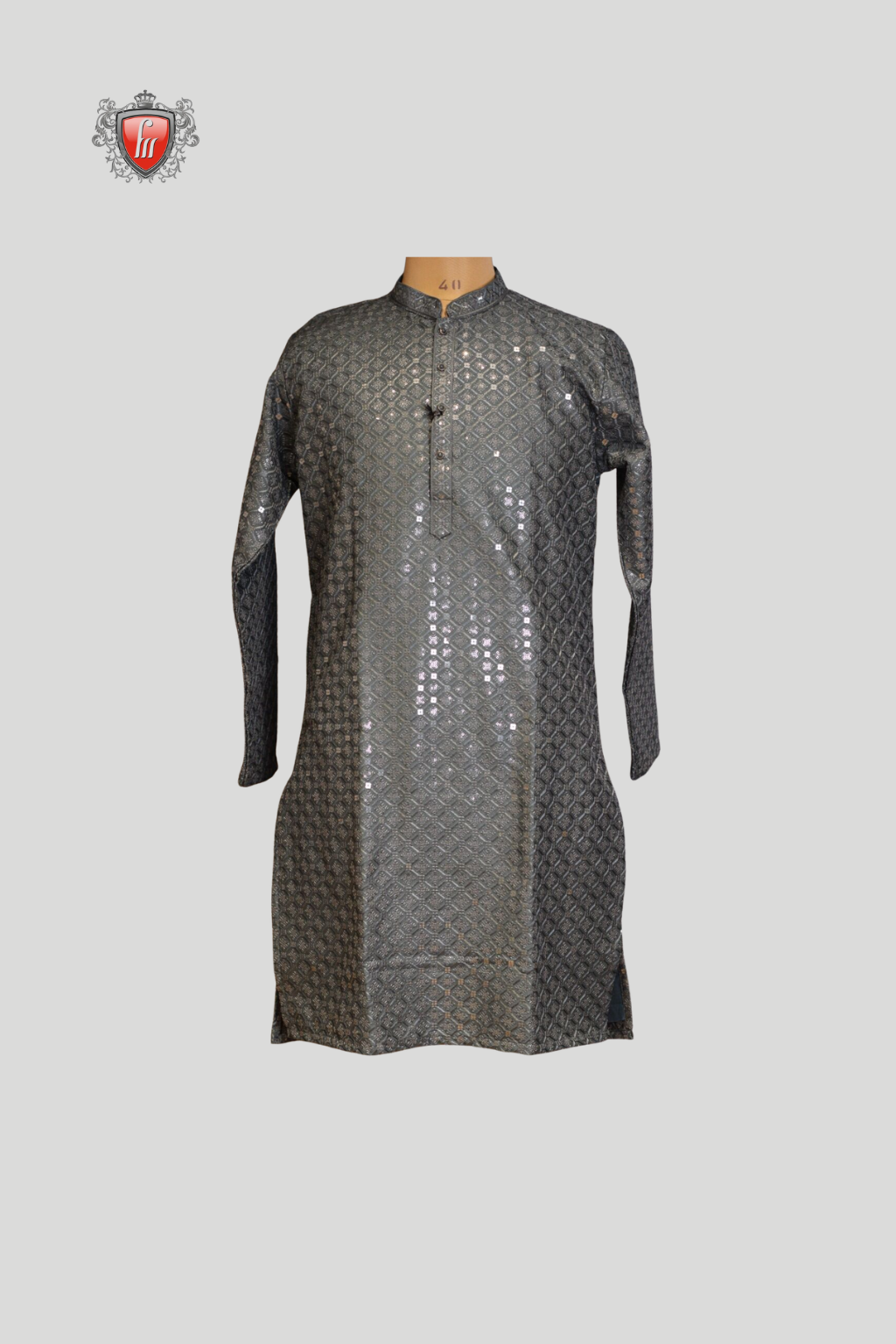 Men’s Charcoal Grey Kurta – Embroidery & Mirrorwork, Mandarin Collar