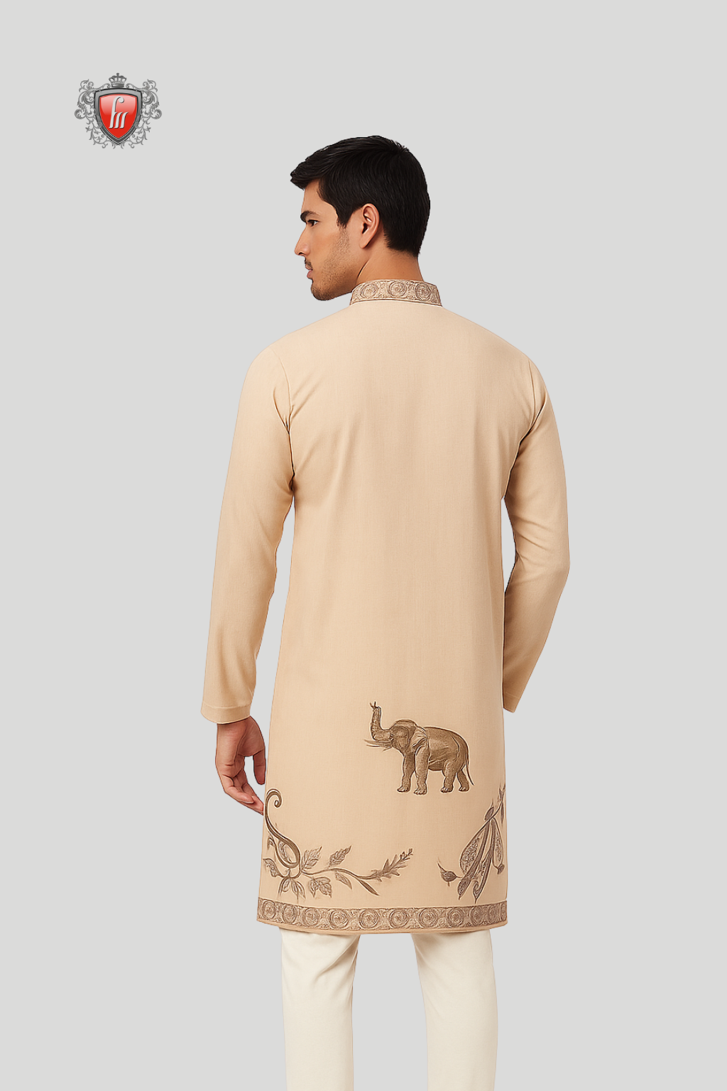 Men’s Silk Beige Kurta – Elephant & Leaf Art, Festive Heritage Wear