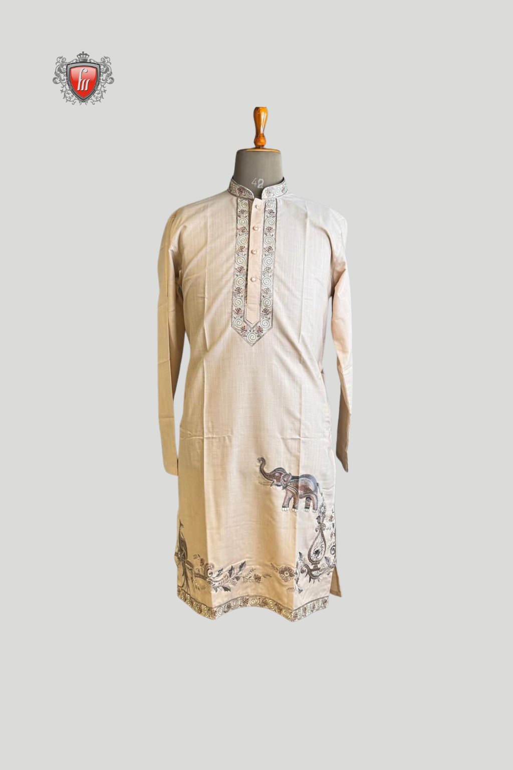 Men’s Silk Beige Kurta – Elephant & Leaf Art, Festive Heritage Wear