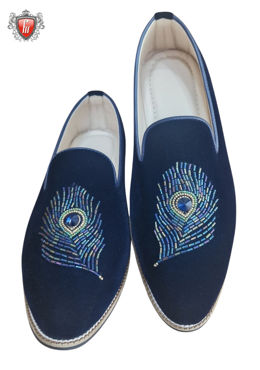 Men’s Blue Velvet Jutti – Kardana & Stone Heel Work, Festive Wear