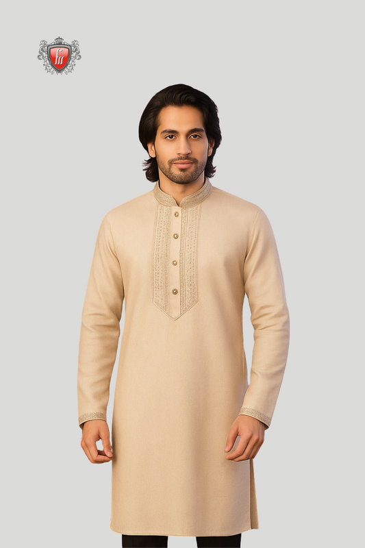 Men’s Contemporary Beige Kurta – Subtle Embroidery, Modern Slim Cut, Perfect for Elegant Celebrations