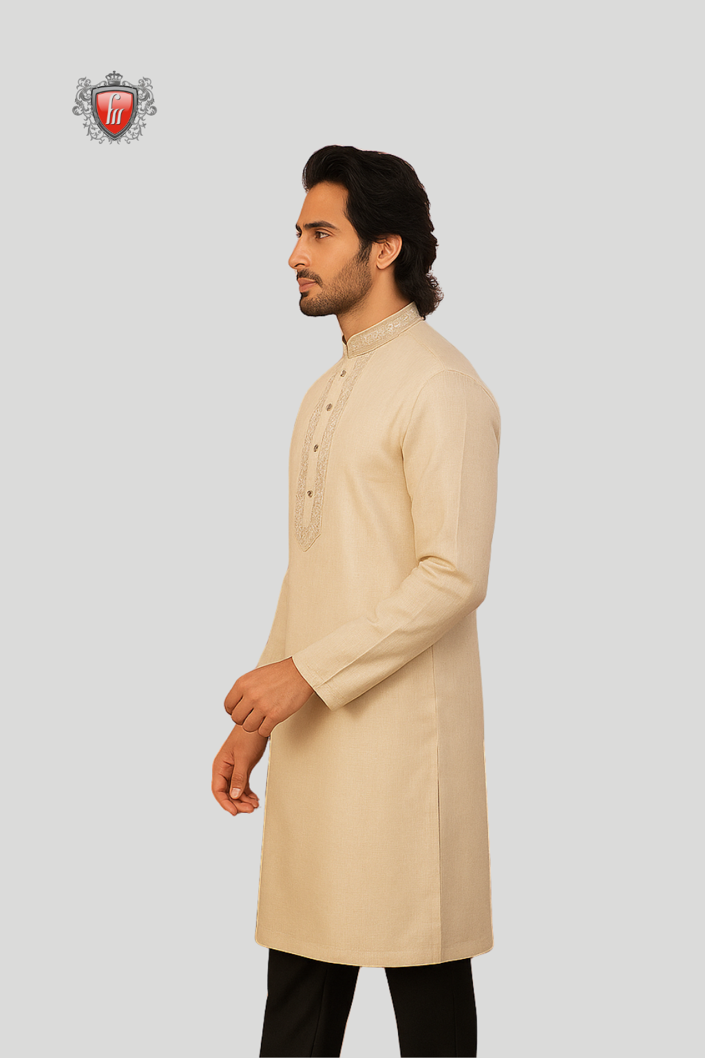 Men’s Contemporary Beige Kurta – Subtle Embroidery, Modern Slim Cut, Perfect for Elegant Celebrations