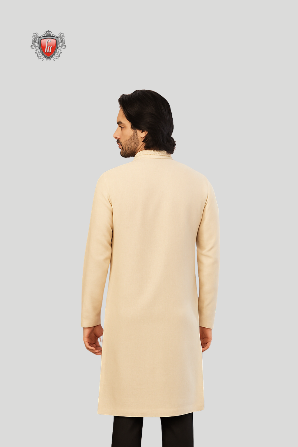 Men’s Contemporary Beige Kurta – Subtle Embroidery, Modern Slim Cut, Perfect for Elegant Celebrations