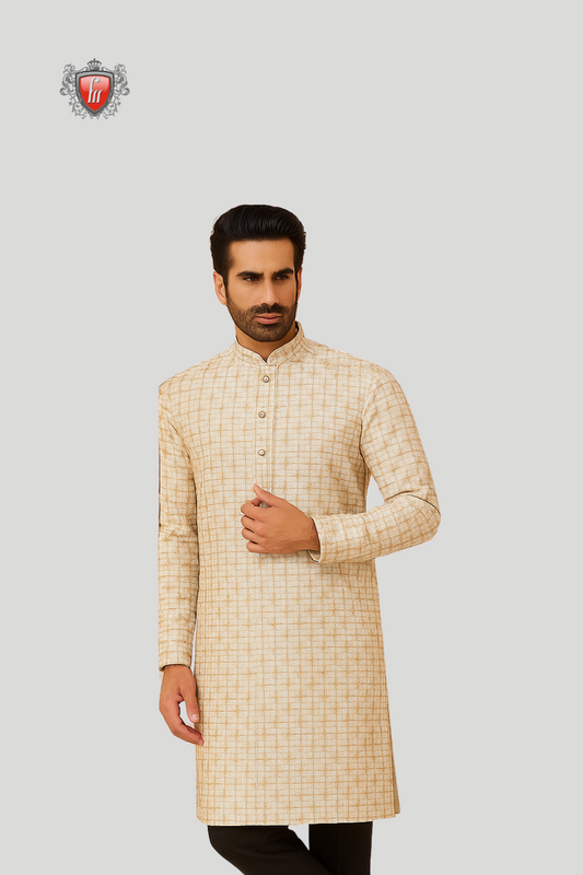 Men’s Beige Kurta – Golden Woven Grid Pattern, Smart Button Placket, Ideal for Weddings & Festivals