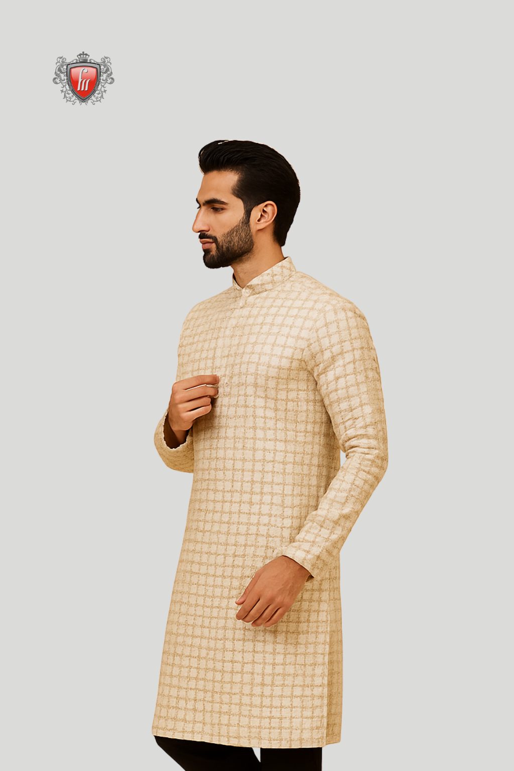 Men’s Beige Kurta – Golden Woven Grid Pattern, Smart Button Placket, Ideal for Weddings & Festivals