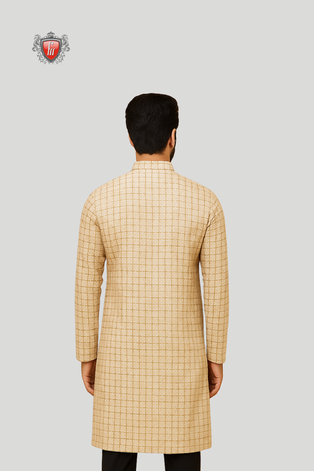 Men’s Beige Kurta – Golden Woven Grid Pattern, Smart Button Placket, Ideal for Weddings & Festivals