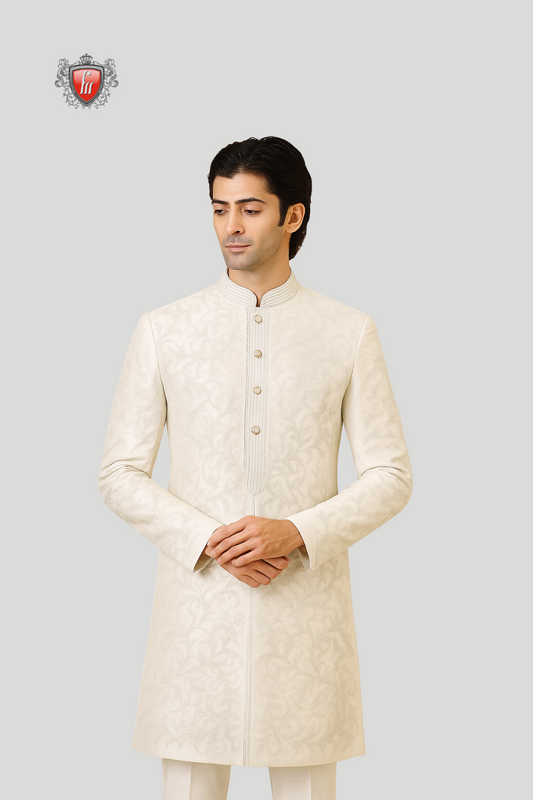 Men’s Elegant Royal White Kurta – Self-Embroidery, Mandarin Collar & Button Detailing, Perfect for Weddings & Festive Celebrations