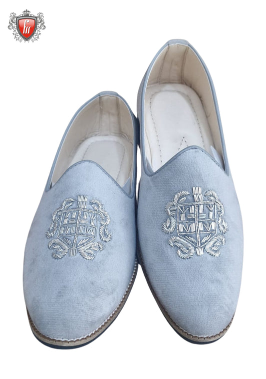 Men’s Light Blue Suede Jutti – Silver Dabka Handwork, Festive Wear