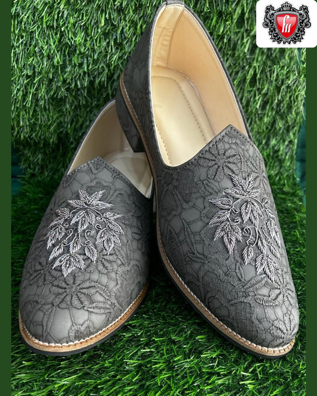 Men's Grey Suede Jutti – Embroidered Heel, Cushioned Men's Grey Suede Jutti – Embroidered Heel, Cushioned