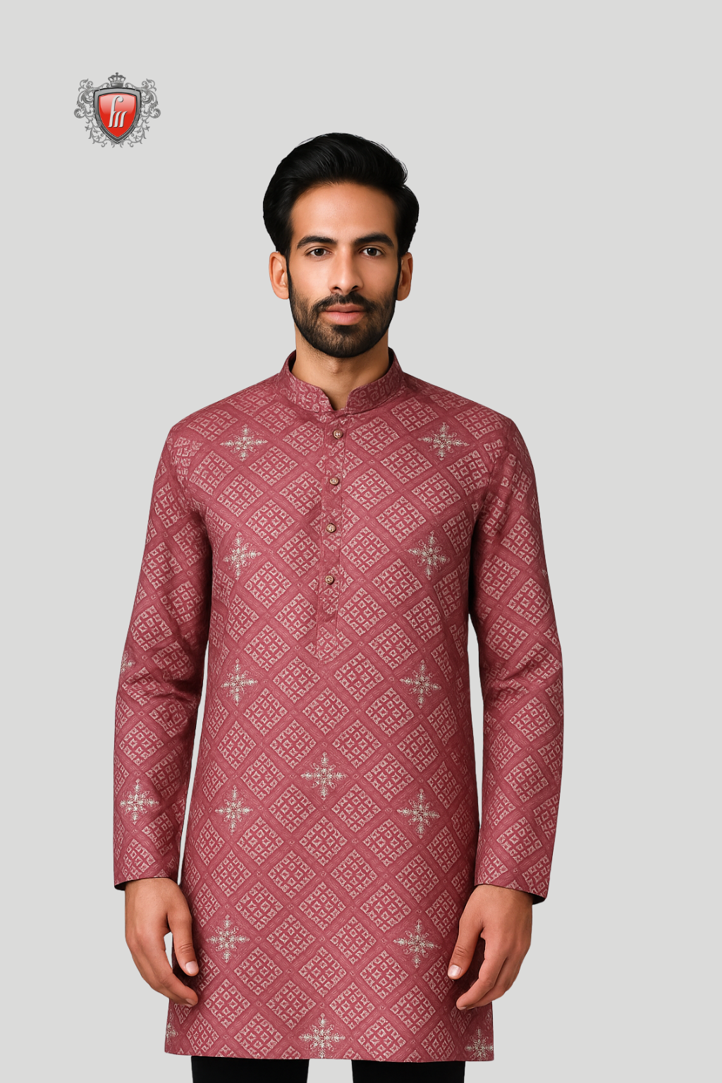 Men’s Elegant Maroon Kurta – Diamond Pattern, Stylish Collar, Comfortable Indian Festive & Wedding Wear