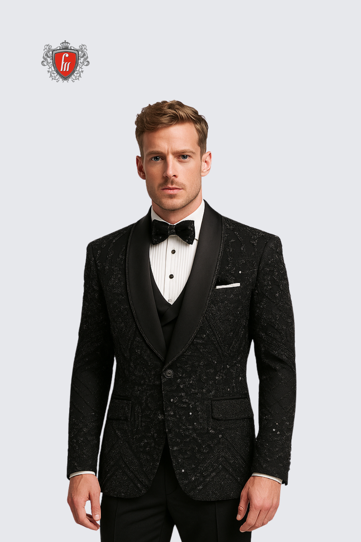 Men’s Black Geometric Crystal-Embroidered Tuxedo with Satin Shawl Lapel – Luxe Formal Wear