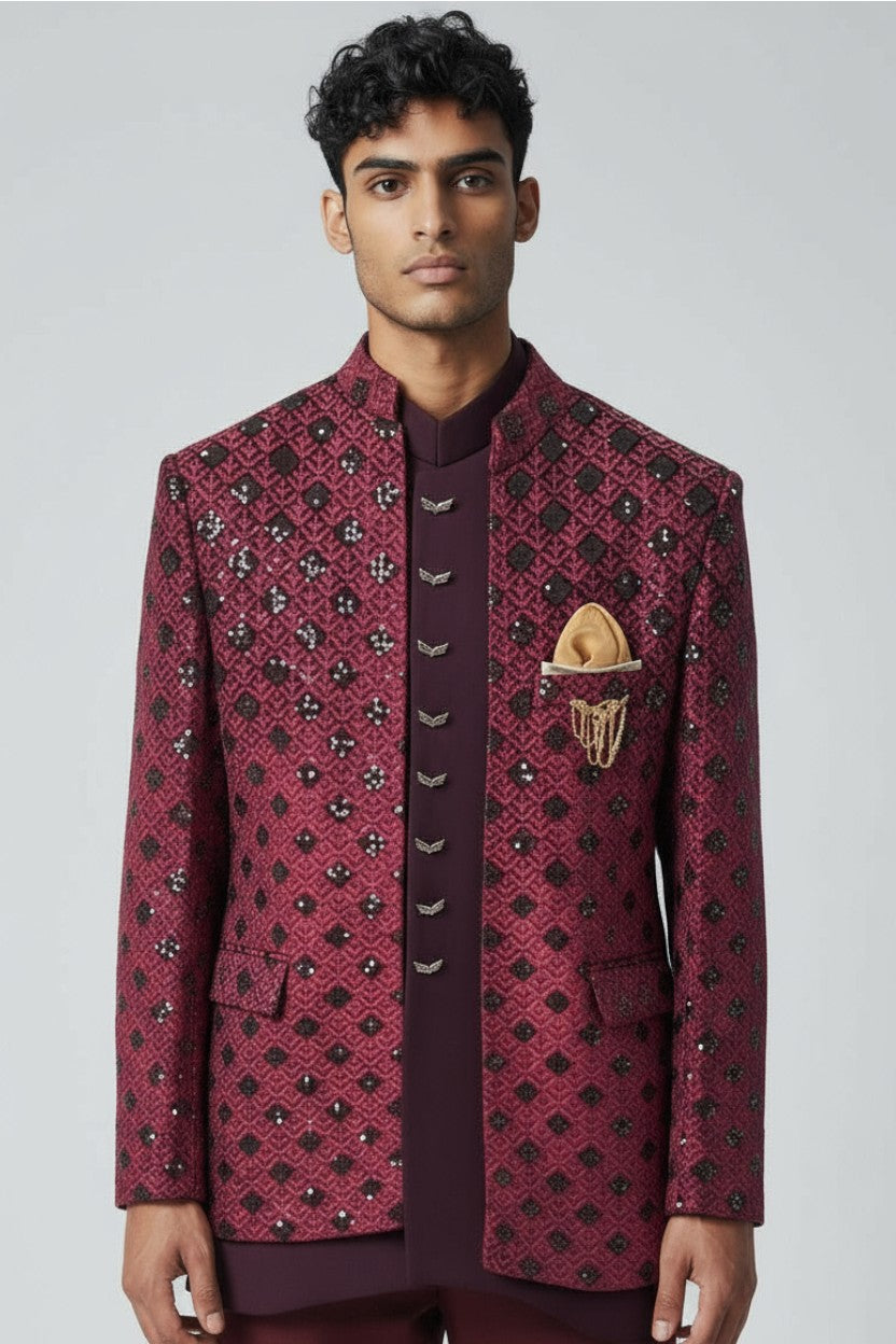 Maroon Embroidered Indo-Western Jacket Set for Men