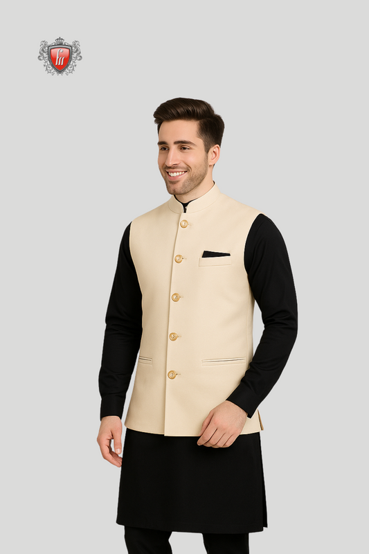 Men's Black Kurta Paired with Beige Waistcoat and Pocket Square - Classic Elegance for Every Occasion