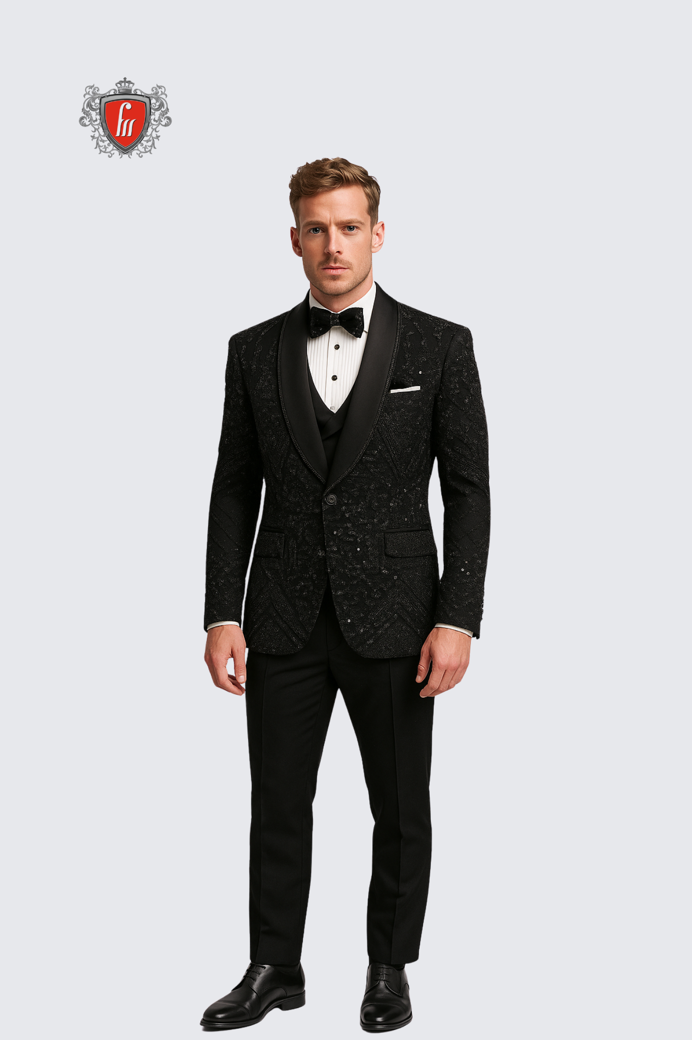 Men’s Black Geometric Crystal-Embroidered Tuxedo with Satin Shawl Lapel – Luxe Formal Wear