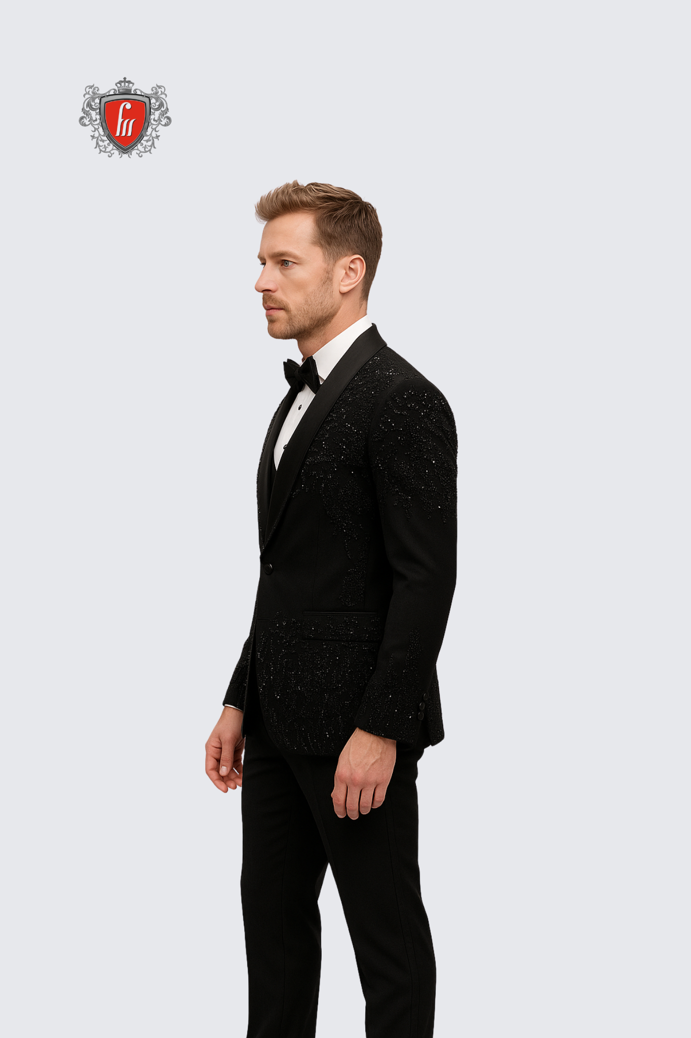 Men’s Black Geometric Crystal-Embroidered Tuxedo with Satin Shawl Lapel – Luxe Formal Wear