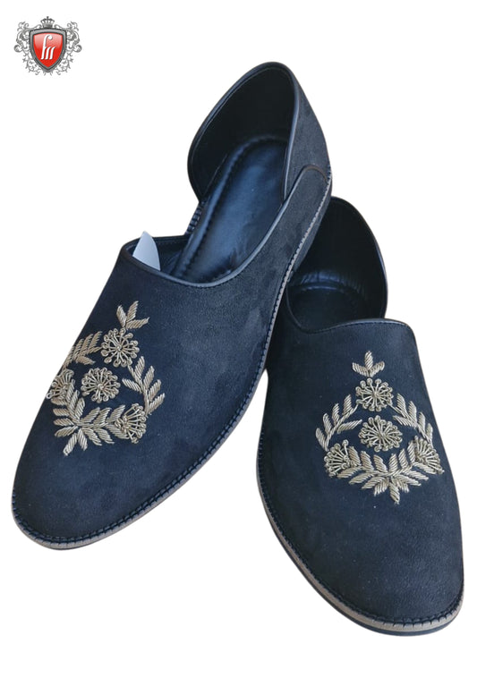 Men’s Blue Suede Jutti – Golden Dabka Handwork, Festive Wear