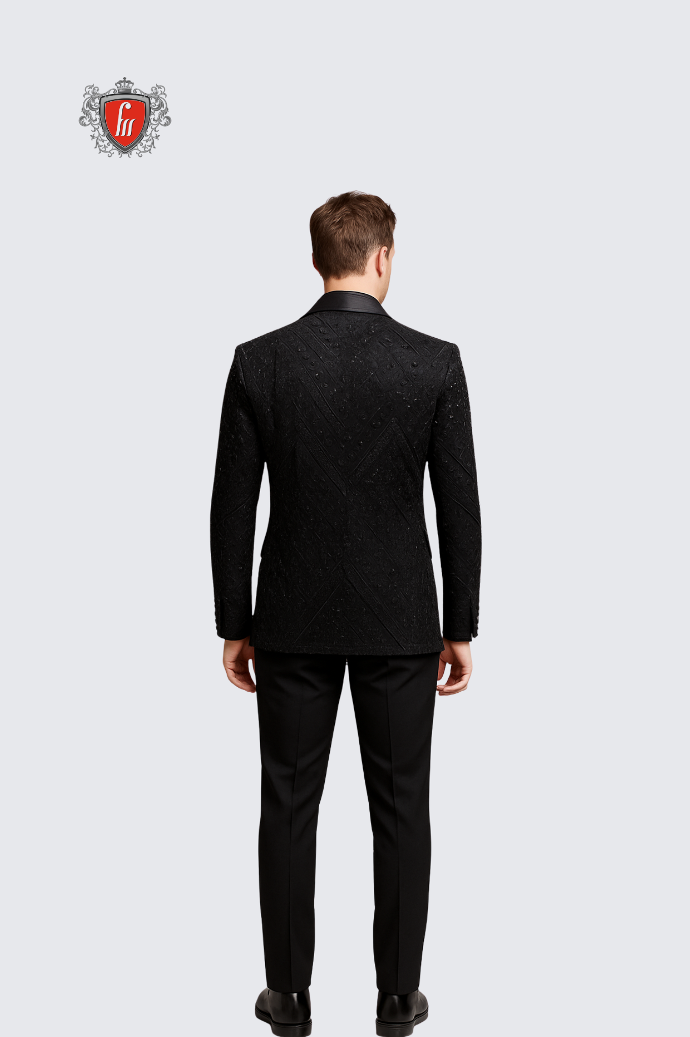 Men’s Black Geometric Crystal-Embroidered Tuxedo with Satin Shawl Lapel – Luxe Formal Wear