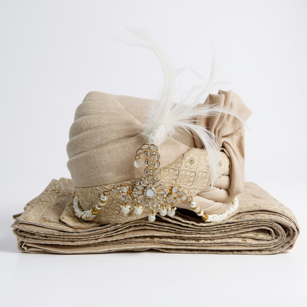 Cream Gold Groom Pagri with Kalgi & Feather | Wedding Safa for Men