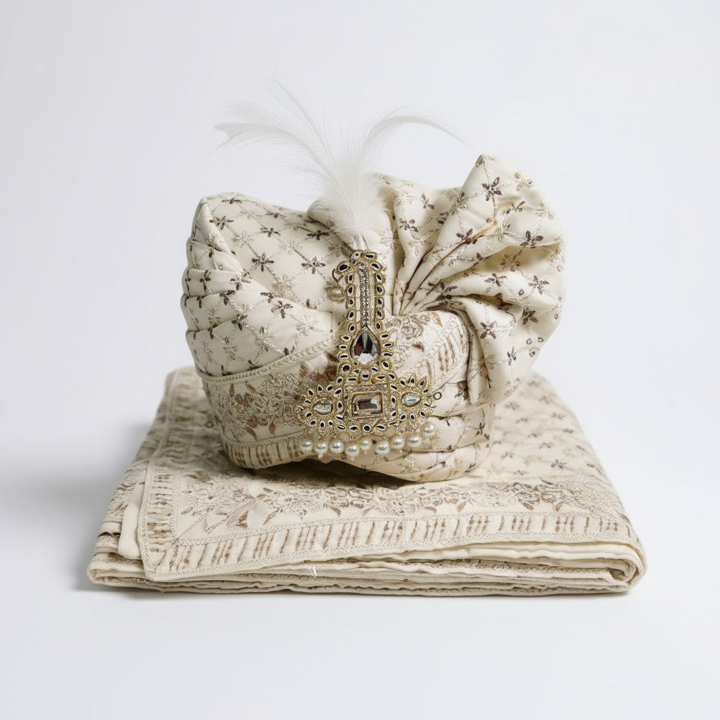 Cream Embroidered Groom Pagri with Kalgi & Pearls | Wedding Safa for Men