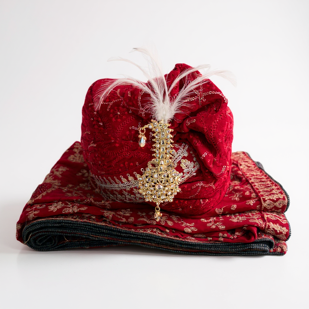 Red Embroidered Groom Pagri with Gold Kalgi & Feathers | Wedding Safa