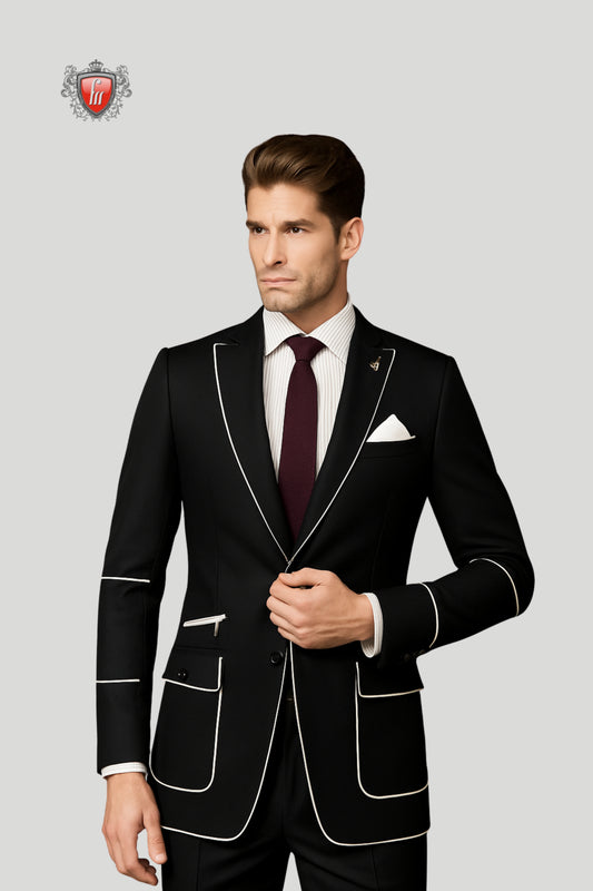 Men’s Black Formal Suit Jacket with Contrast White Edging – Modern Royal Elegance