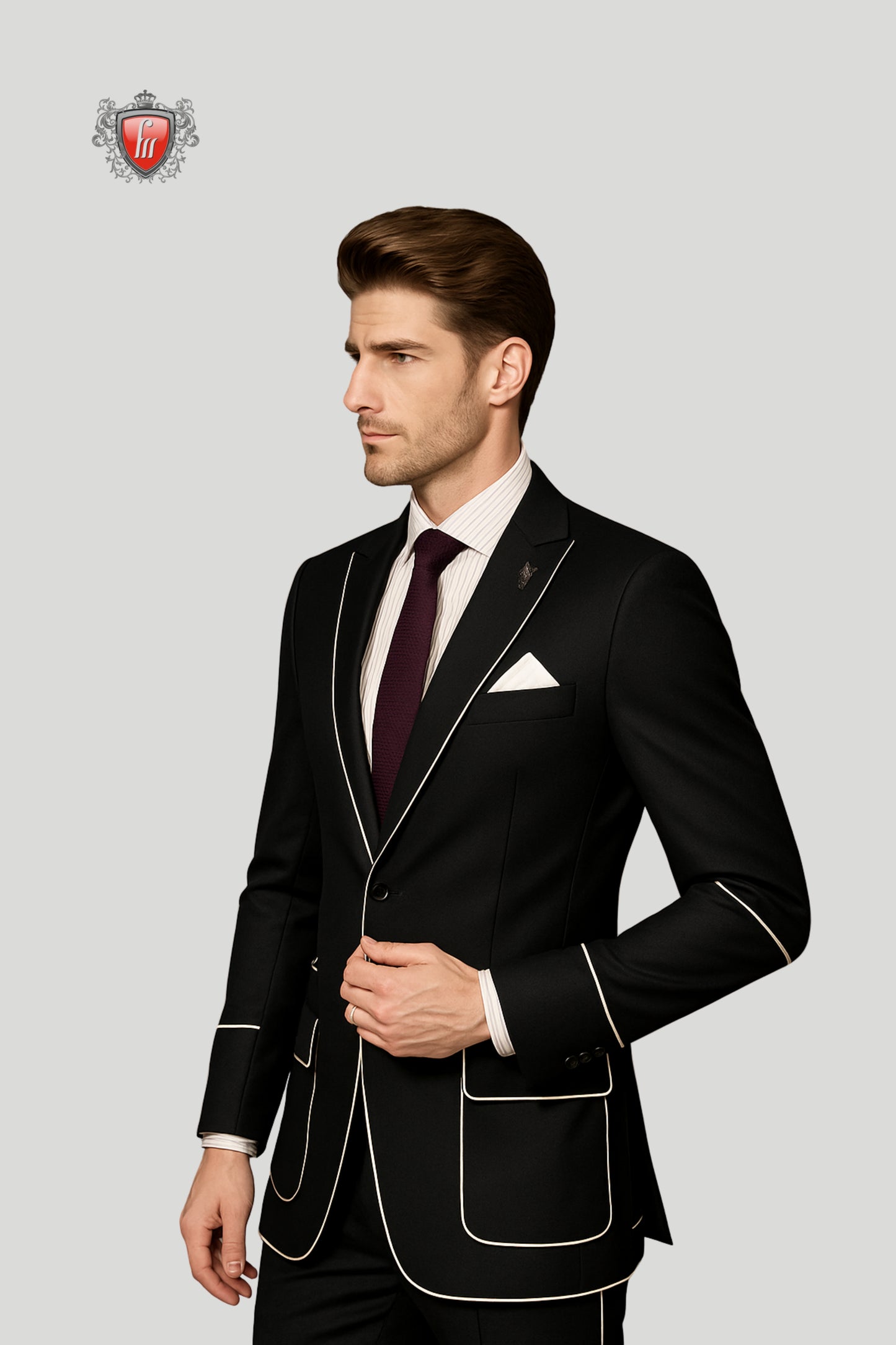 Men’s Black Formal Suit Jacket with Contrast White Edging – Modern Royal Elegance