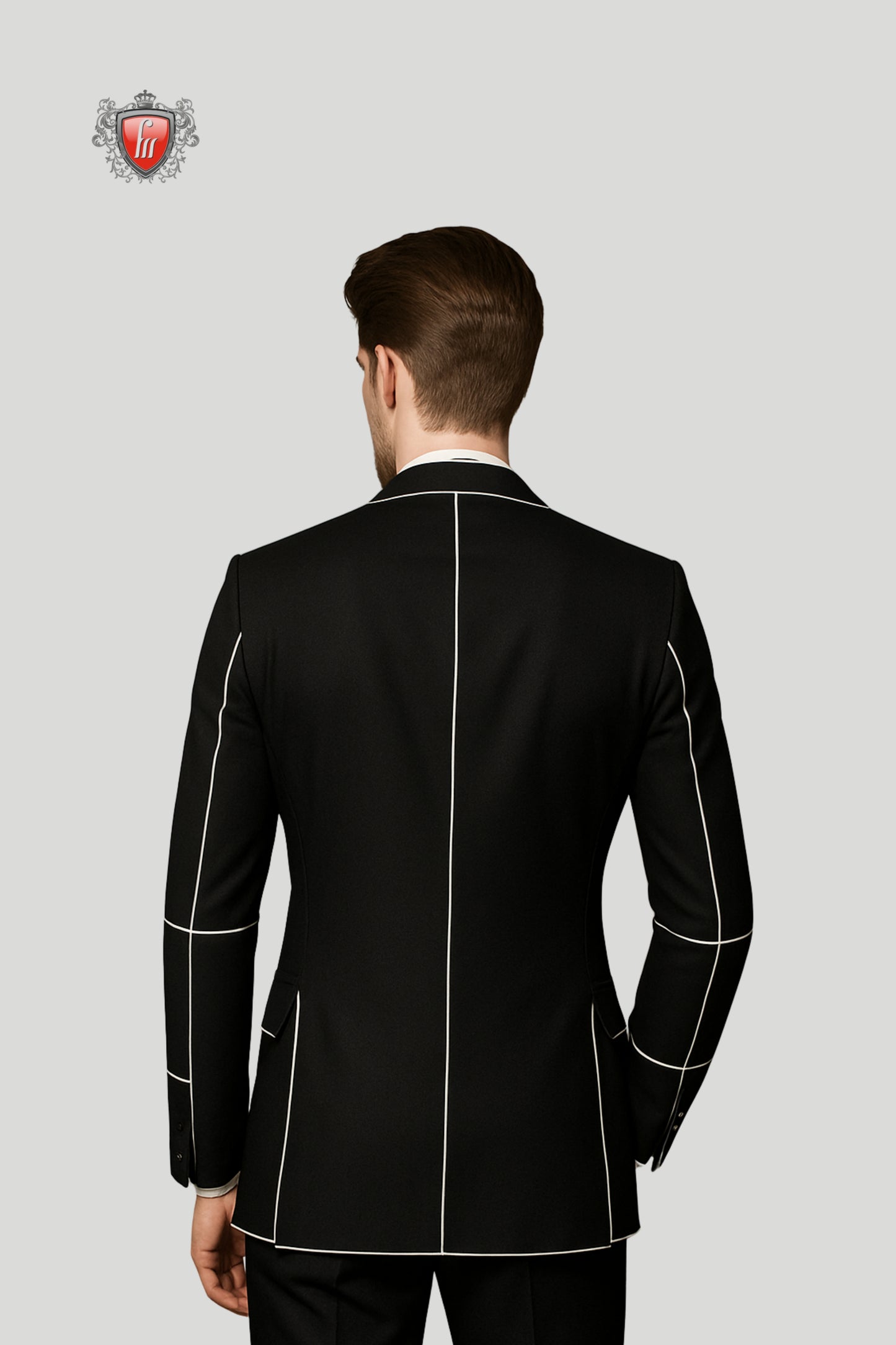 Men’s Black Formal Suit Jacket with Contrast White Edging – Modern Royal Elegance