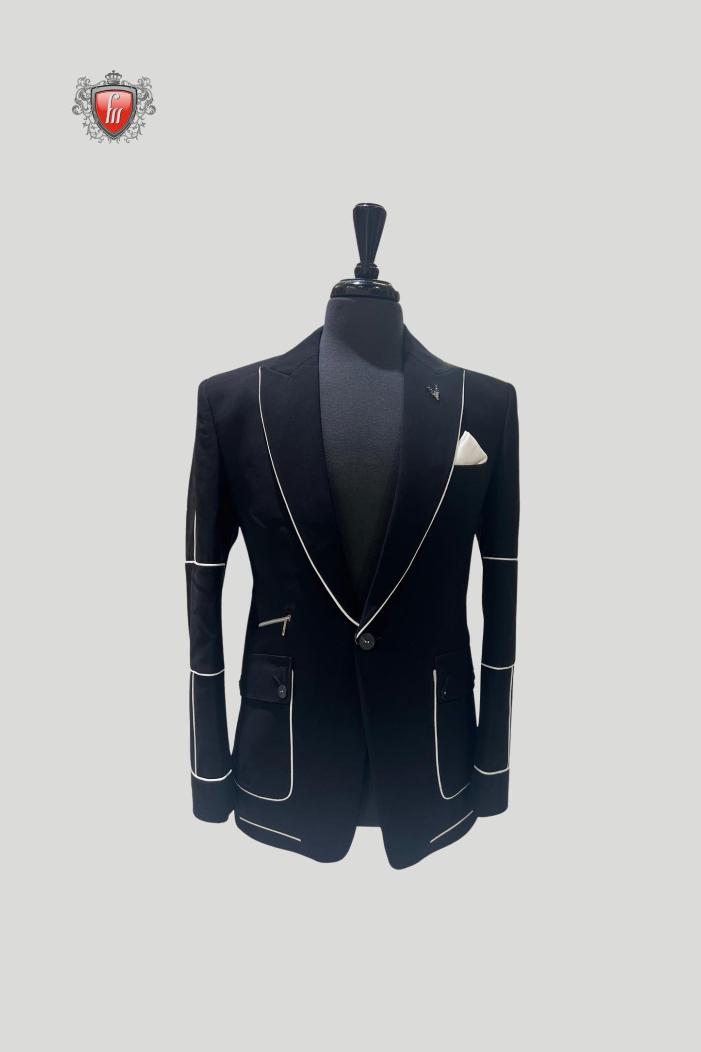 Men’s Black Formal Suit Jacket with Contrast White Edging – Modern Royal Elegance