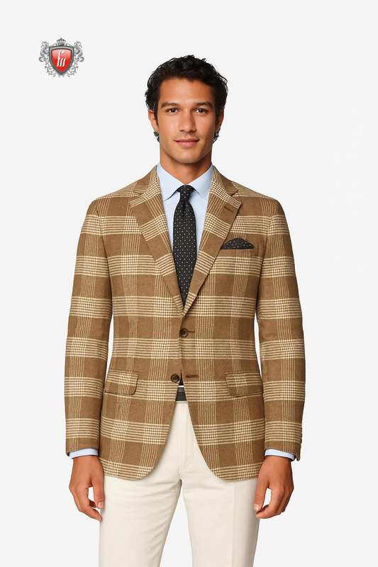 Classic Brown Checkered Men’s Blazer – Sharp Style for Weddings & Business