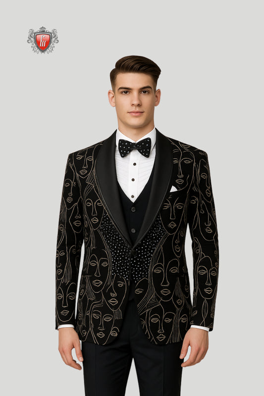 Abstract Designer Blazer for Men – Bold Embroidery with Polka Bow Tie